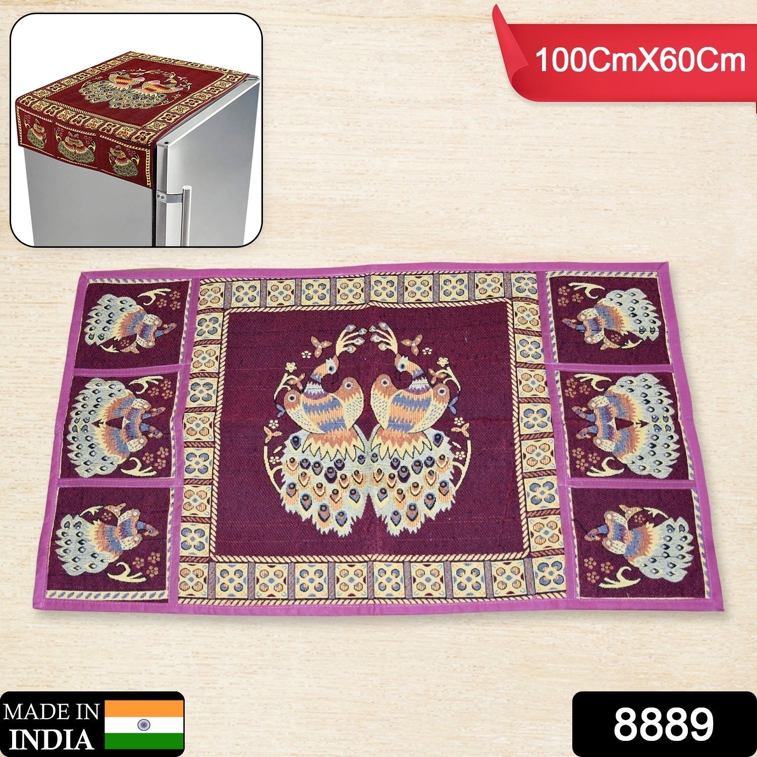 8889 Cotton Fridge Top Cover Set - Standard, Appliance Covers Fridge Dustproof Cover with Peacock Deign 6 Utility Side Pockets Fridge Cover For All types Fridge Refrigerator Use (100x60CM) 8889 Cotton Fridge Top Cover Set - Standard, Appliance Covers Fridge Dustproof Cover with Peacock Deign 6 Utility Side Pockets Fridge Cover For All types Fridge Refrigerator Use (100x60CM)
